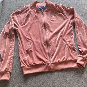 Adidas Velvet Velour peachy Pink Track Jacket W sz Small, 3 stripes down arms